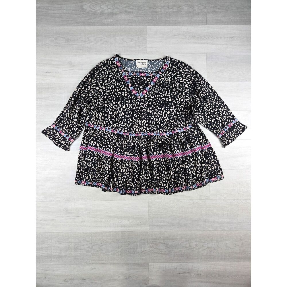 Savanna Jane Plus Size 1X Animal Print Embroidered V-Neck Peplum Top 3/4 Sleeve